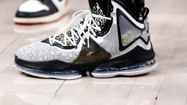 Detailed view of LeBron James shoes.